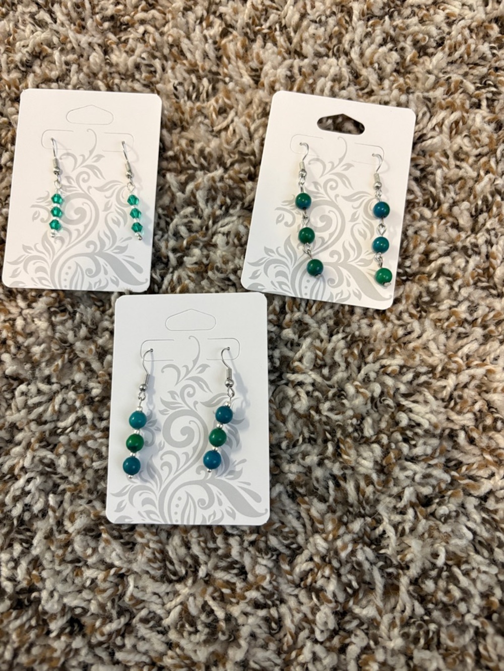 Elegant Green and Blue Beaded Earrings Hand Crafted set of 3